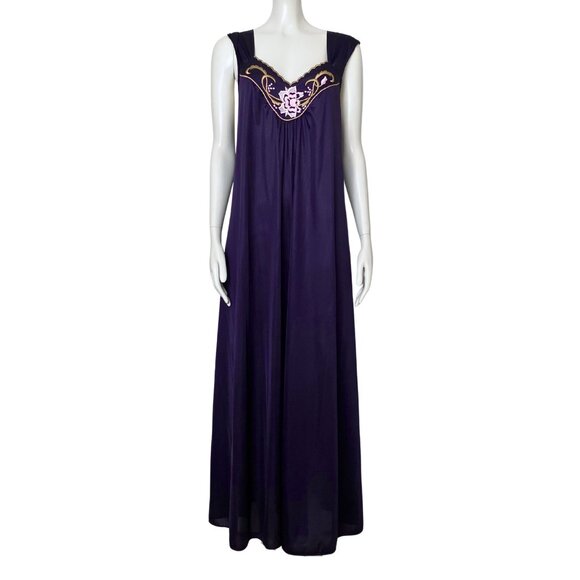 Vintage 70s Vanity Fair Purple Embroidered Slip Long Nightgown M/L Romantic Glam - Picture 2 of 14